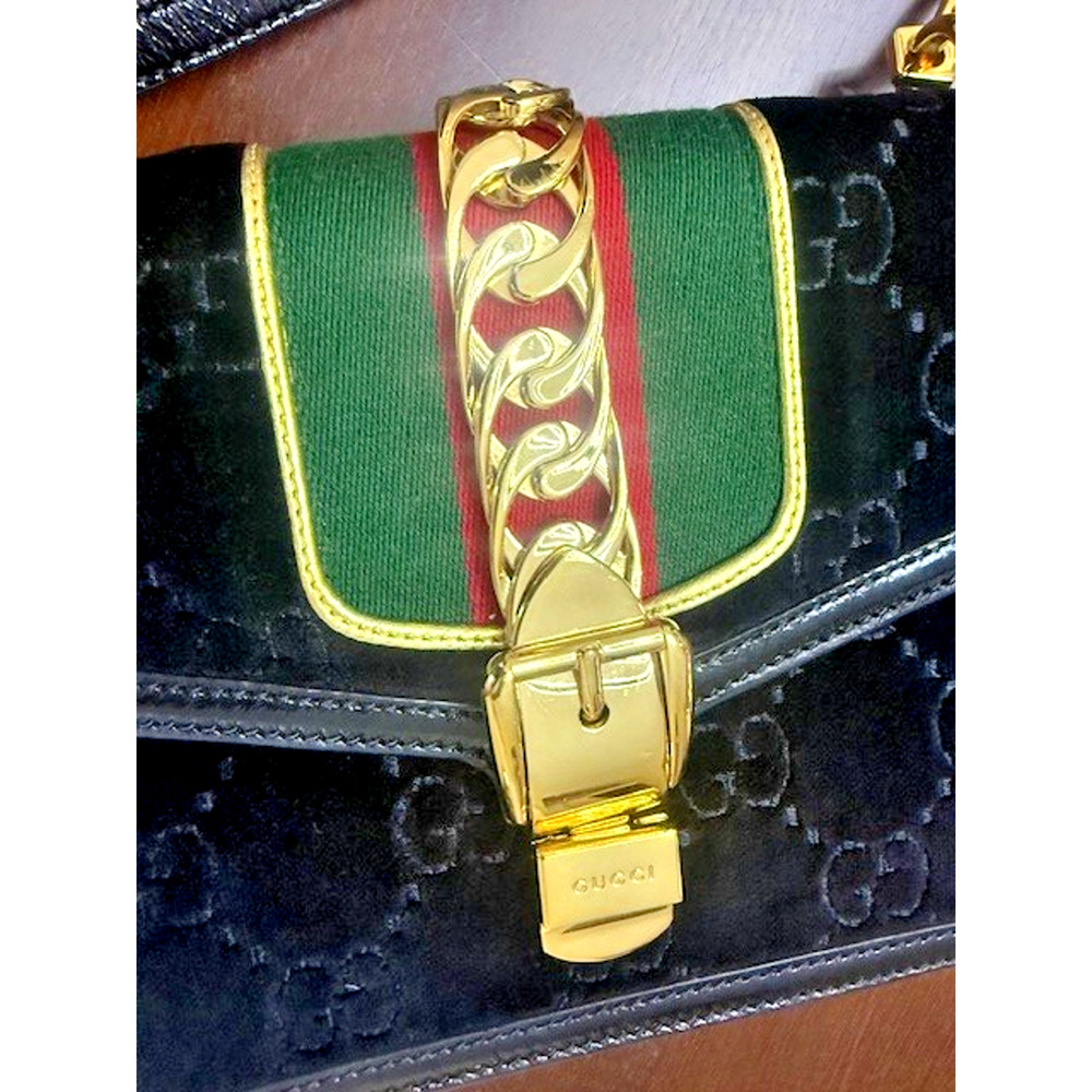Gucci Black Gold GG Monogram Velvet Sylvie Small Shoulder Crossbody Bag GORGEOUS - Picture 8 of 16